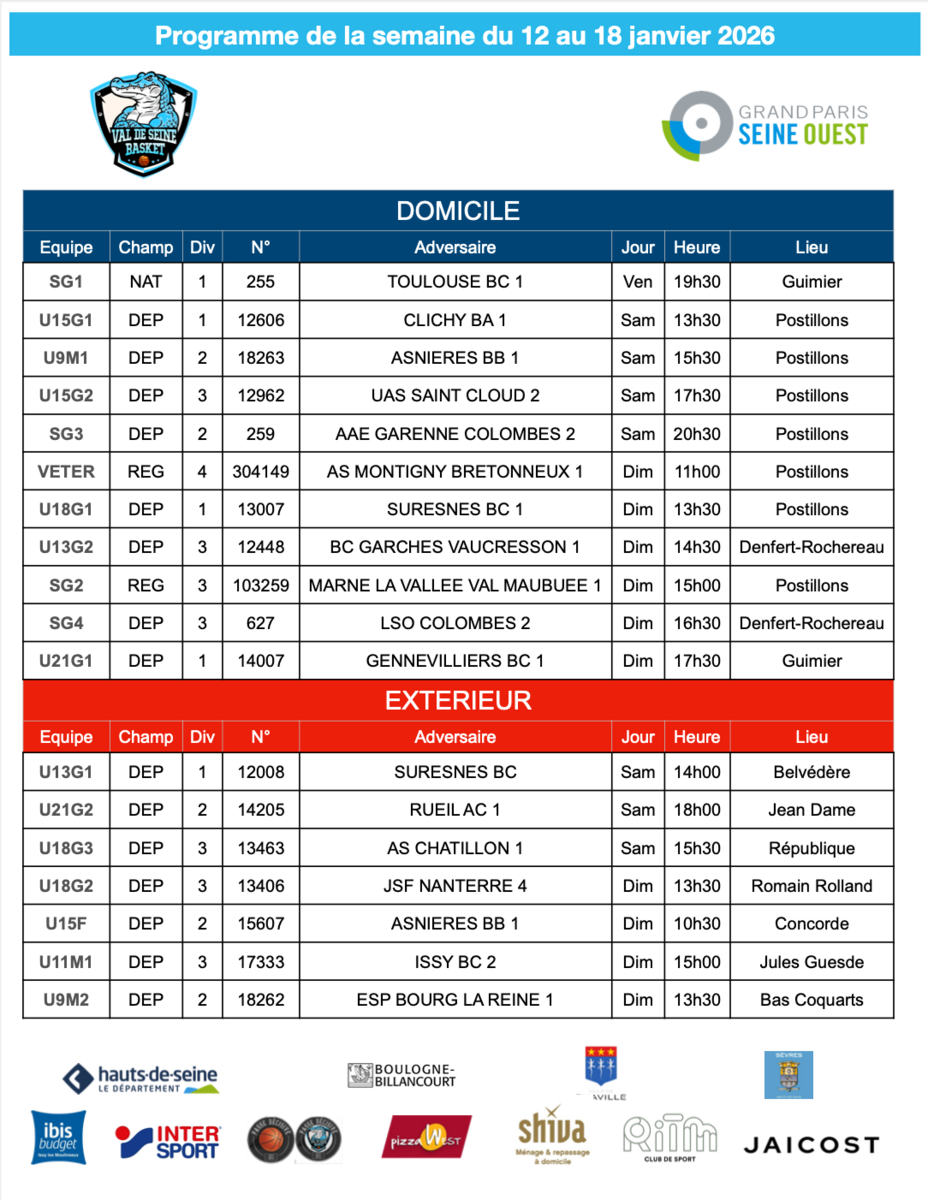 Programme de la semaine du 12 au 18 janvier 2026