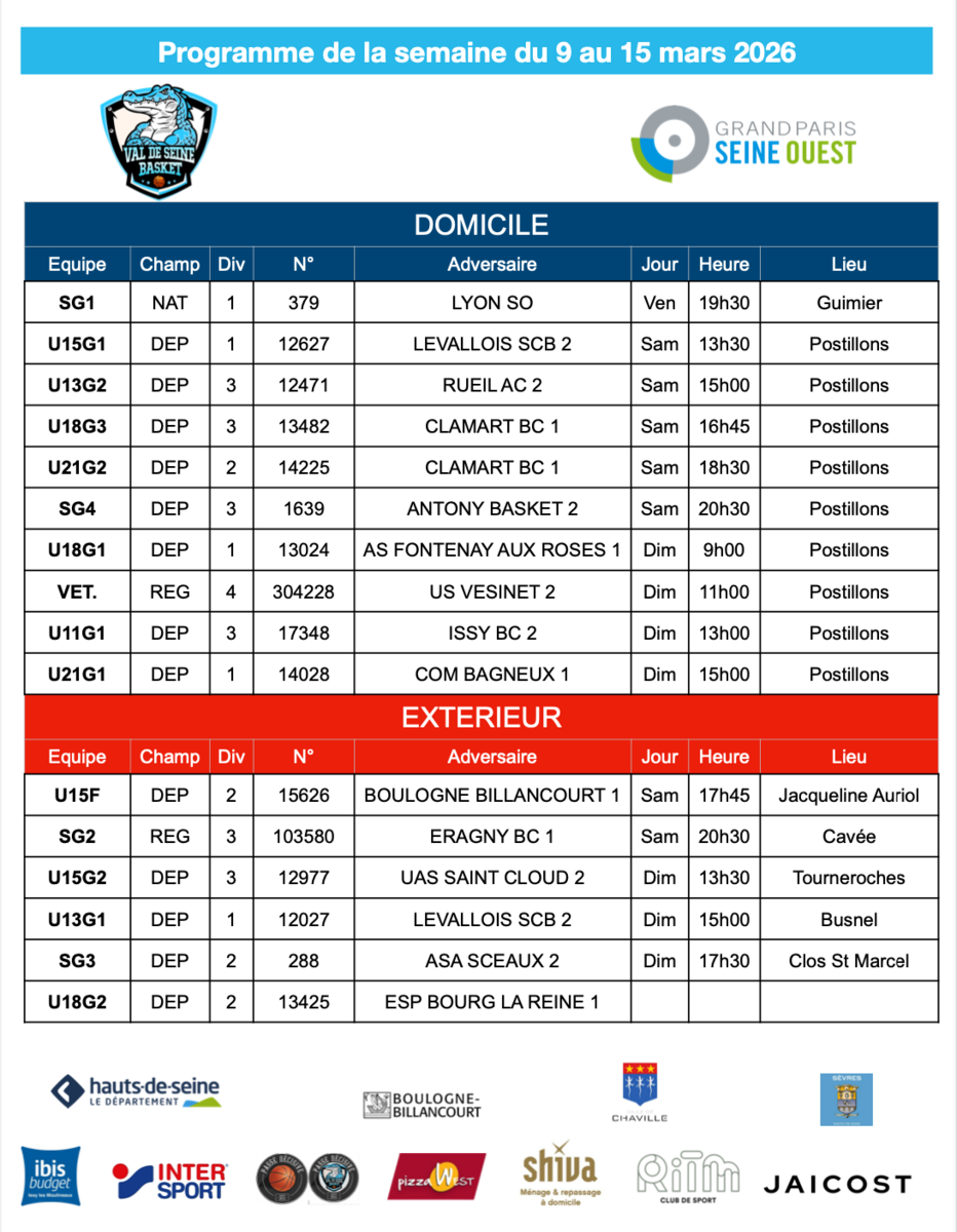 Programme de la semaine du 9 au 15 mars 2026
