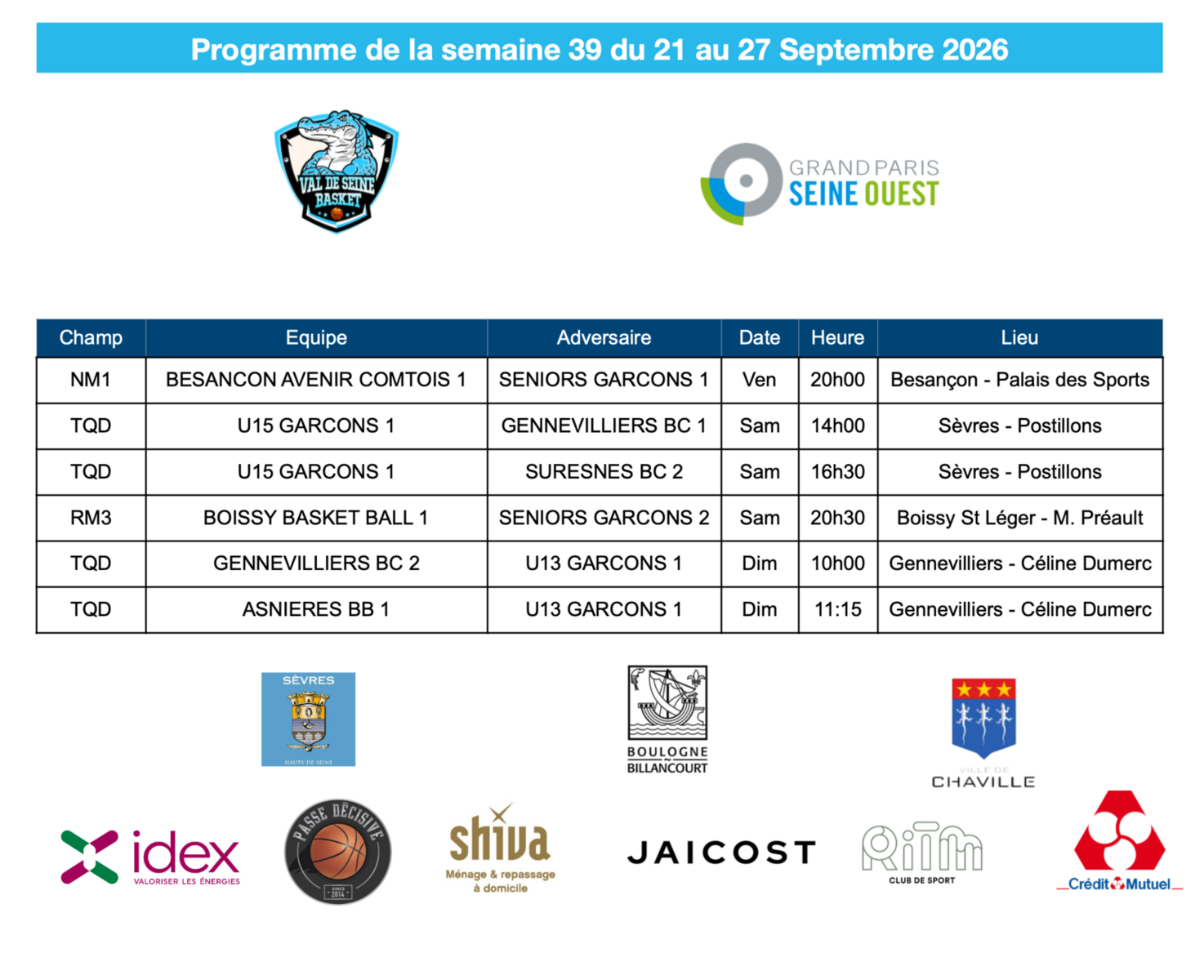 Programme de la semaine du 21 au 27 septembre 2026