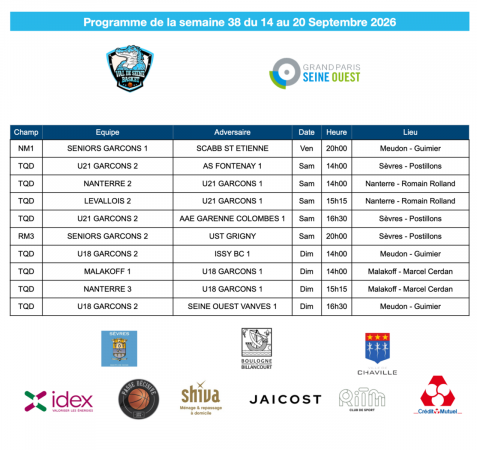 Programme de la semaine du 14 au 20 septembre 2026